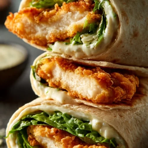 Crispy chicken caesar wrap served on a plate with fresh greens