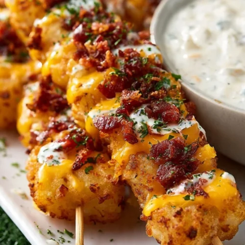 Crispy loaded tater tot skewers topped with cheese and bacon