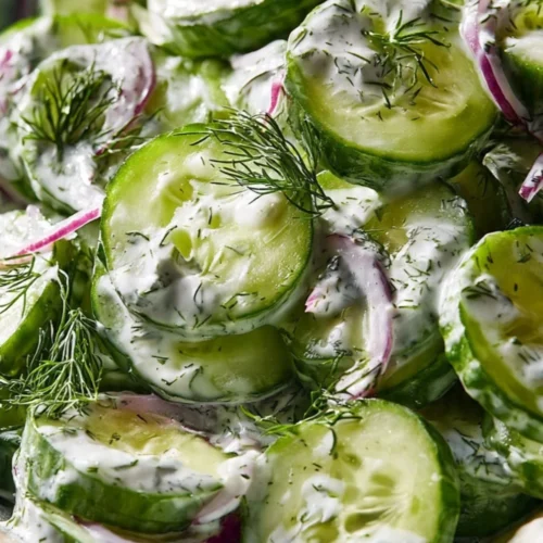 Cucumber Dill Salad in a bowl with fresh herbs and vegetables