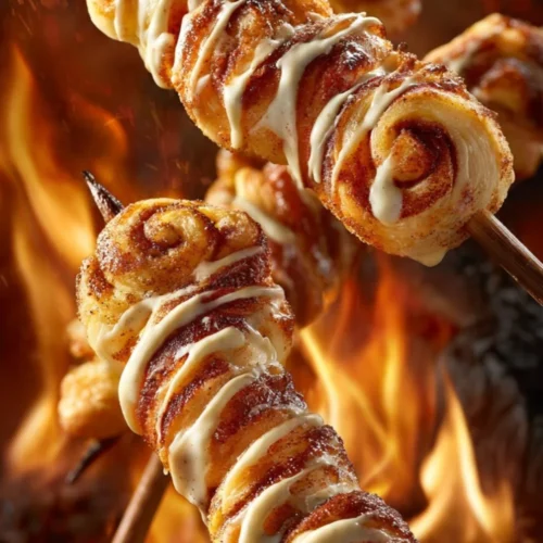 Campfire cinnamon roll-ups on a stick cooking over an open fire.