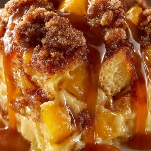 Easy Peach Cobbler French Toast Bake with fresh peaches and a golden crust.