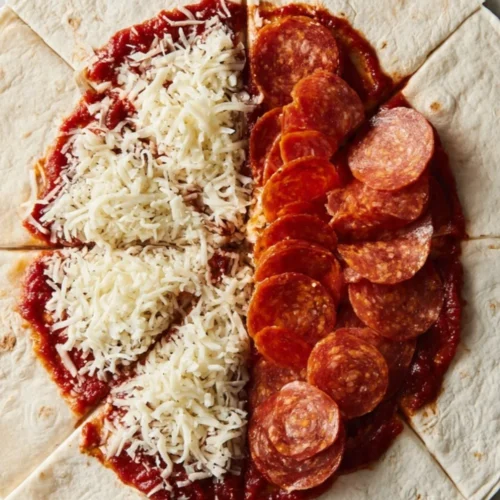 Easy pizza tortilla wrap with cheese and toppings