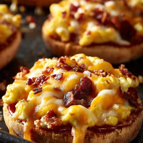English muffin breakfast pizza topped with eggs, cheese, and vegetables