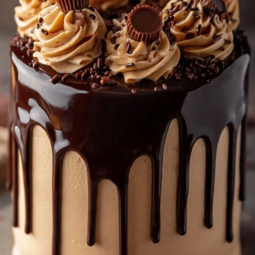 Slice of Extra Moist and Rich Chocolate Peanut Butter Cake with rich frosting