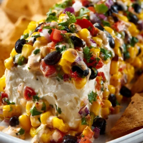 Fiesta Cowboy Caviar Cheese Log topped with fresh ingredients for a tasty snack.