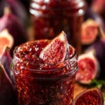 Jar of fig rosemary red wine jam with ingredients surrounding it.