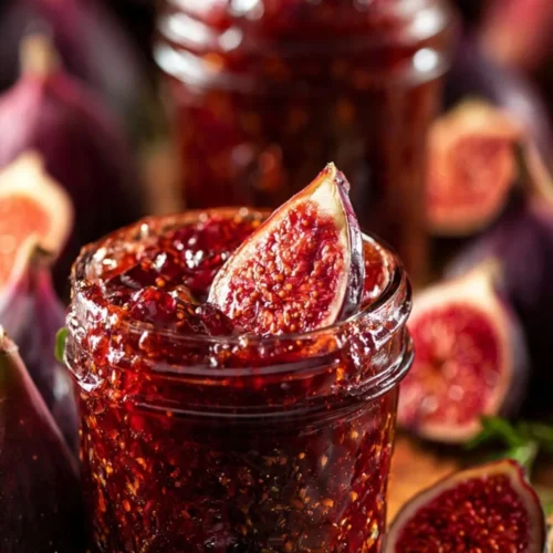 Jar of fig rosemary red wine jam with ingredients surrounding it.