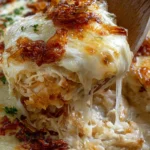 French Onion Chicken Orzo Casserole topped with melted cheese and fresh herbs.