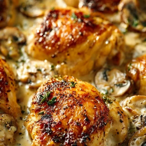 Garlicky mushroom butter chicken thighs served with herbs and spices
