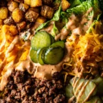High protein cheeseburger bowl with fresh ingredients