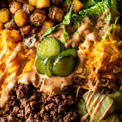 High protein cheeseburger bowl with fresh ingredients