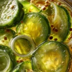 A jar of homemade refrigerator bread and butter pickles on a wooden table.