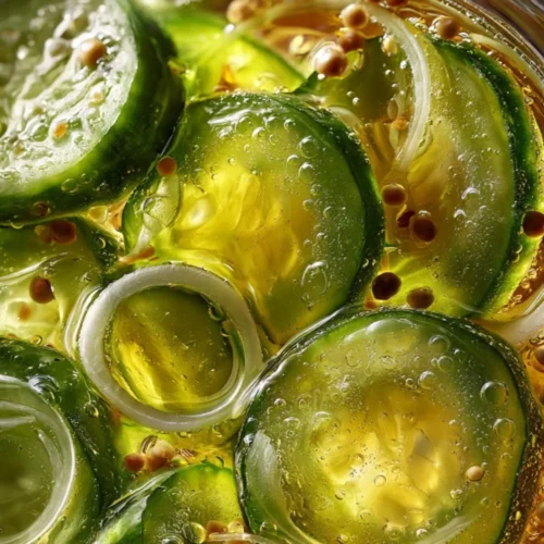 A jar of homemade refrigerator bread and butter pickles on a wooden table.