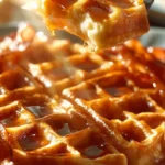 Homemade waffles with syrup and fresh fruits served on a plate