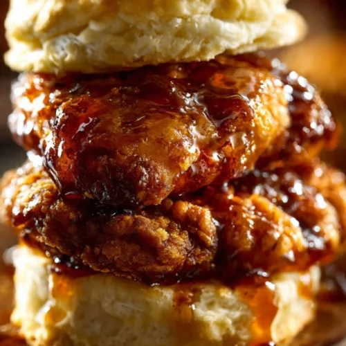 Delicious hot honey chicken biscuits served on a plate with honey drizzle.