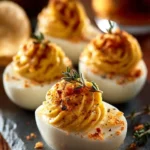Hot Honey Deviled Eggs topped with drizzled honey and spices