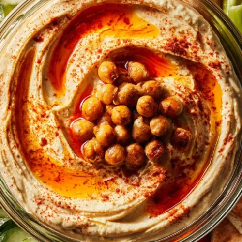 Spicy and sweet hot honey hummus served in a bowl with fresh veggies.