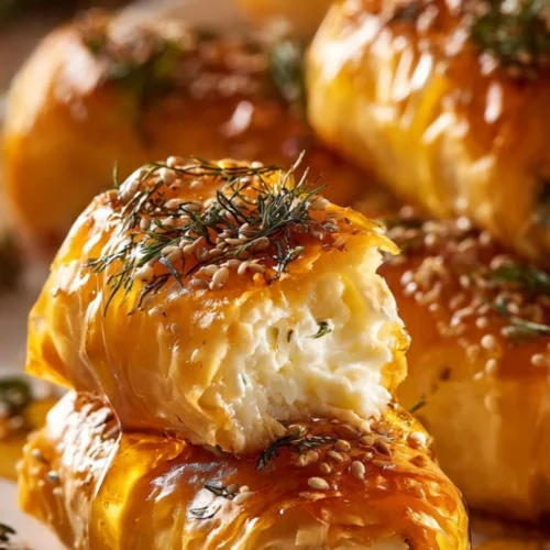 Oven fried feta rolls topped with chili honey, served on a plate