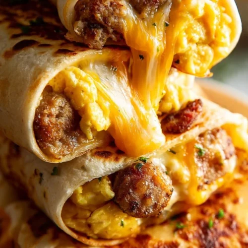 Cheesy sausage egg breakfast roll-ups ready to enjoy