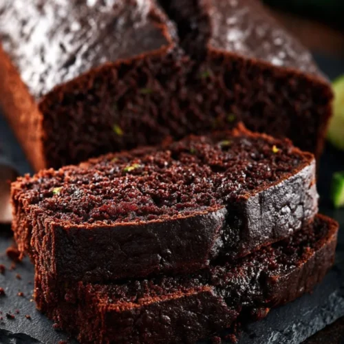 A slice of moist Keto Chocolate Zucchini Bread on a wooden table