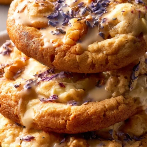 Plate of Lavender Honey Crunch Cookies topped with lavender and honey drizzles