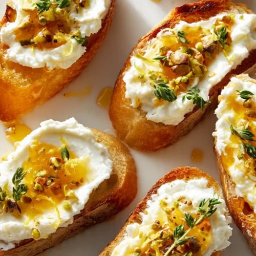Delicious Lemon Honey Ricotta Crostini topped with fresh lemon zest and honey.
