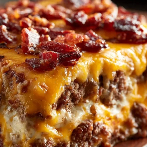 Low-carb cheeseburger casserole topped with cheese and garnished with herbs