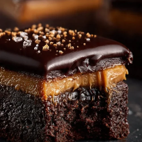 Delicious homemade Millionaire Brownies with layers of chocolate and caramel