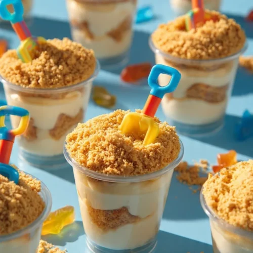 Mini Sand Pail Pudding Cups served at a themed dessert table