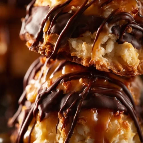 Plate of homemade No Bake Samoa Cookies topped with chocolate and caramel