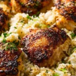 One pot chicken and rice dish, showcasing vibrant ingredients and final presentation.