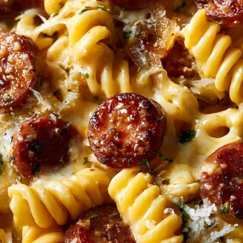 Delicious one-pot honey BBQ sausage pasta served in a bowl.