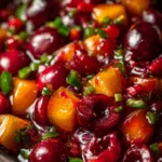 Bowl of fresh Peach Cherry Salsa with vibrant fruits and herbs