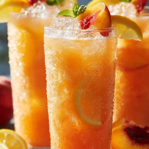 A refreshing glass of homemade peach lemonade with fresh peaches and lemons