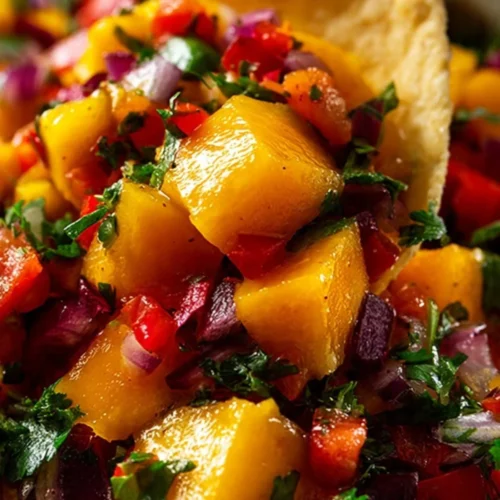 Delicious homemade peach salsa in a bowl with fresh ingredients