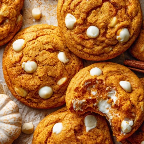 Delicious Pumpkin White Chocolate Chip Cookies on a rustic wooden table