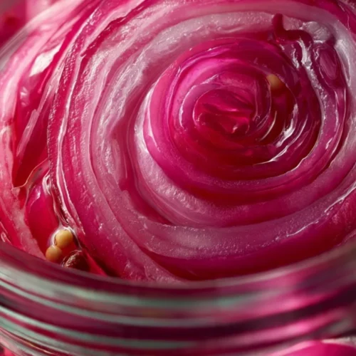 Quick pickled red onions in a glass jar with herbs and spices