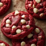 Freshly baked red velvet cookies with cream cheese frosting on a plate