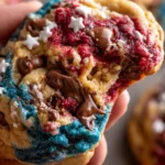 Red, White, and Blue Chocolate Chip Cookies decorated for festive celebrations