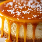 Slice of decadent salted caramel cheesecake topped with drizzled caramel