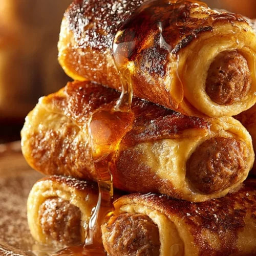 Sausage French Toast Roll-Ups served on a plate with syrup