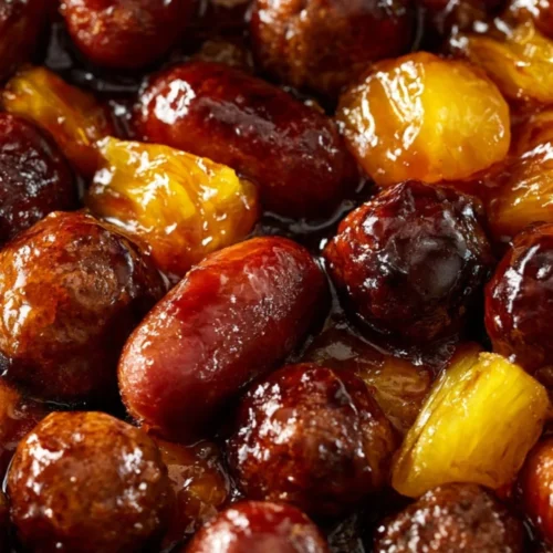 Slow Cooker Meatball Pineapple Smokies served in a bowl