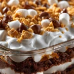 Delicious S'mores Poke Cake topped with chocolate, marshmallows, and graham crackers