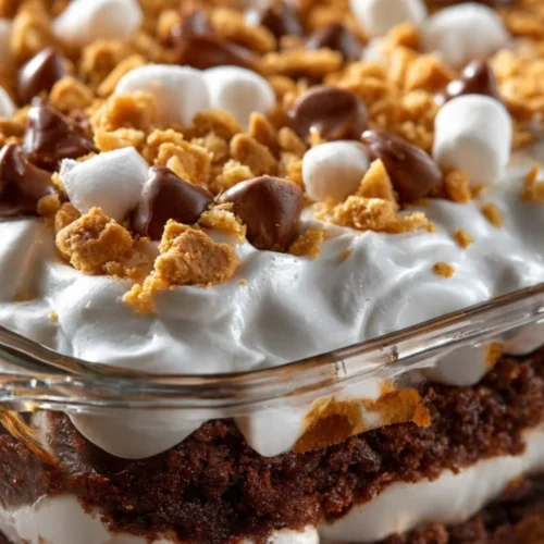 Delicious S'mores Poke Cake topped with chocolate, marshmallows, and graham crackers