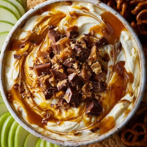 Delicious Snickers Dip served in a bowl with snacks for dipping.