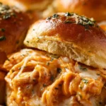 Spicy Buffalo Chicken Sliders served on a platter with dipping sauce.