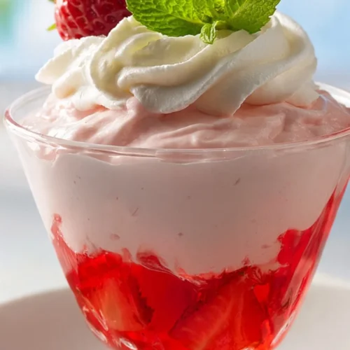 Delicious Strawberry Jell-o Parfait cups served in clear glasses