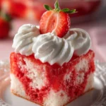 A delicious Strawberry Jello Poke Cake topped with whipped cream and strawberries