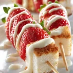Colorful strawberry shortcake kabobs served on skewers for a no-bake dessert.