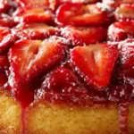 Strawberry upside down cake topped with fresh strawberries and caramel glaze